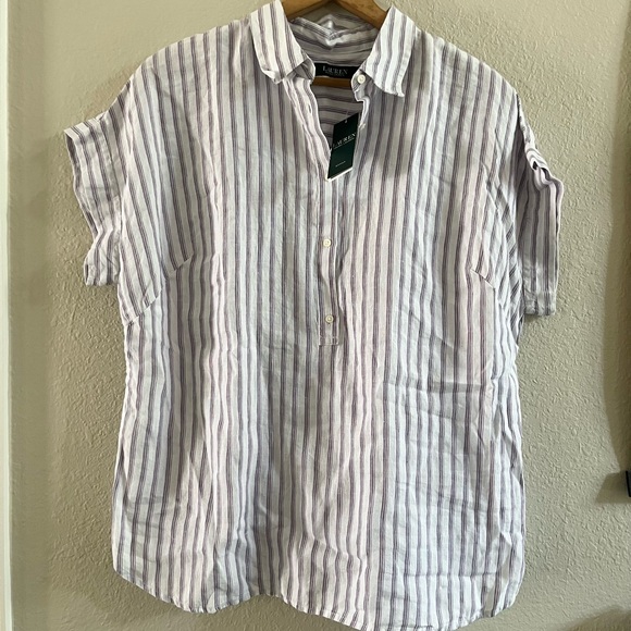 Ralph Lauren popover shirt linen striped white purple plus size 1x - Picture 5 of 7